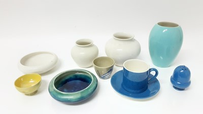 Lot 1237 - Selection of Moorcroft pottery including powder blue coffee can, saucer and pepper pot, experimental turquoise vase 12.5cm high, yellow lustre footed bowl, green glazed lamp, and other small items...