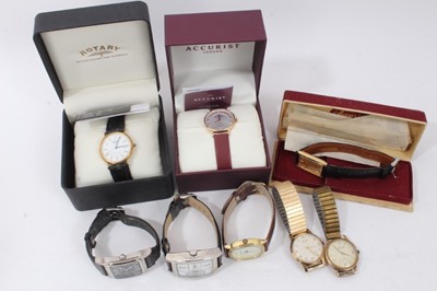 Lot 332 - Group eight wristwatches to include Rotary, three Accurists, gold plated Avia and three other watches