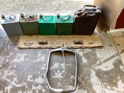 Lot 2110 - Five vintage petrol cans, and a Morris 8 radiator grille