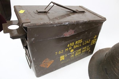 Lot 877 - Second World War tin helmet, together with two gas masks in box and a metal ammunition case (1 box)