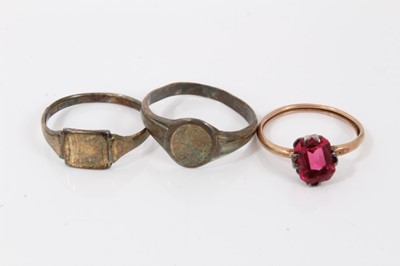 Lot 183 - Small group of silver jewellery to include bangle, marcasite brooch, enamelled spherical watch with brooch fitting, two other enamelled brooches, military bar brooch and two signet rings