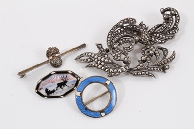Lot 183 - Small group of silver jewellery to include bangle, marcasite brooch, enamelled spherical watch with brooch fitting, two other enamelled brooches, military bar brooch and two signet rings