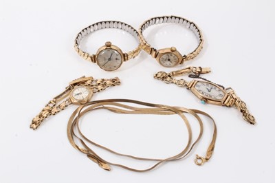 Lot 184 - Accurist 9ct gold ladies vintage wristwatch on 9ct gold bracelet, together with three other 9ct gold cased watches and 9ct gold chain (broken)