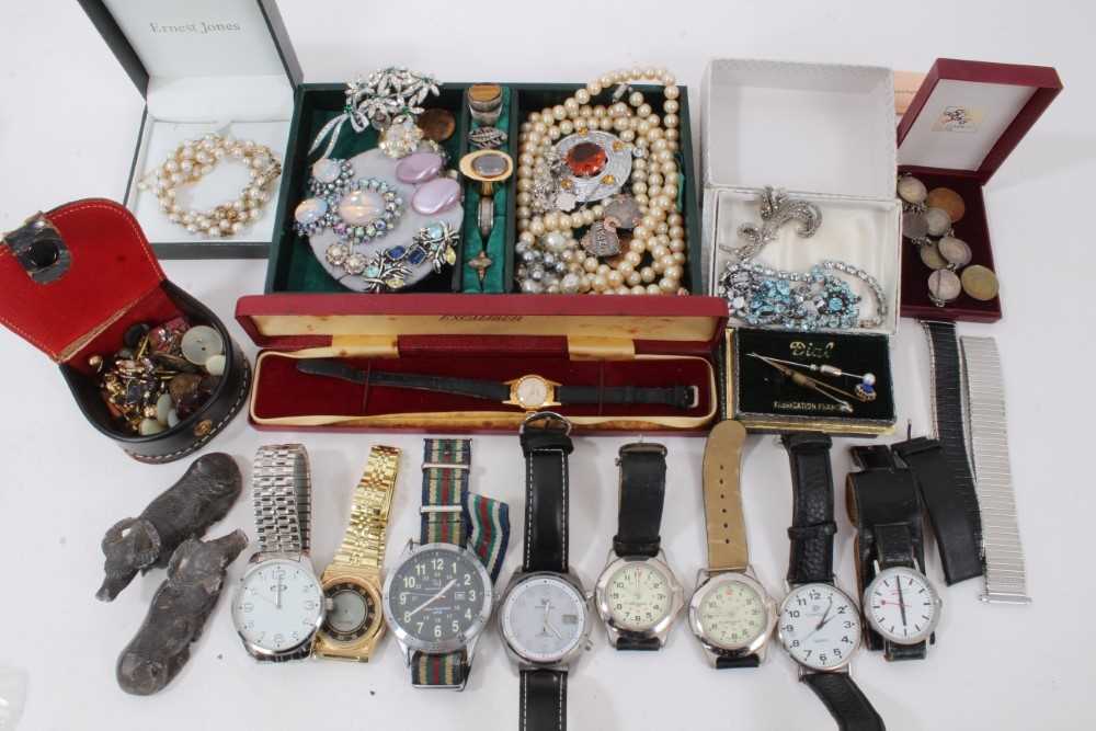 Lot 213 - Vintage costume jewellery and bijouterie to include Victorian silver Mizpah brooch, paste and marcasite, wristwatches etc