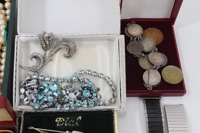 Lot 213 - Vintage costume jewellery and bijouterie to include Victorian silver Mizpah brooch, paste and marcasite, wristwatches etc