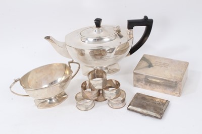 Lot 214 - 1920s silver teapot and sugar bowl, 1950s silver cigarette box, silver cigarette case and six Chinese white metal napkin rings