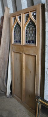 Lot 6 - Set of three Victorian pine and gothic arched stained glass doors, 193 x 89cm