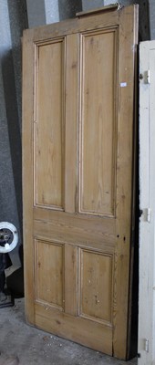 Lot 8 - Two pairs of antique pine panelled doors, 233 x 93cm and 191 x 93cm respectively