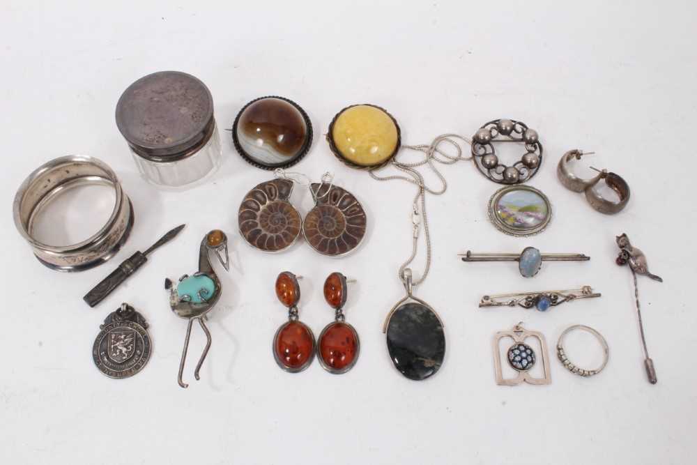 Lot 196 - Group silver and white metal jewellery, silver hand mirror, silver toothpick and other silver items