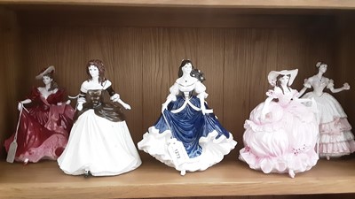 Lot 1273 - Four Coalport limited edition Literary Heroines figures - Lorna, no. 816, Rebecca, no. 138, Scarlett, no. 662 and Moll, no. 612, all in an edition of 2500, together with another - Olivia, no. 2745,...