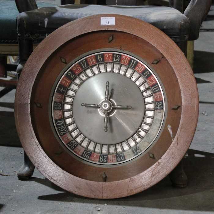 Lot 18 - Vintage mahogany mounted roulette wheel (not presently functioning) 49cm wide