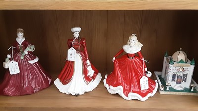 Lot 1274 - Three Coalport Ladies - Merry Christmas 2007, Merry Christmas 2008 and Merry Christmas 2005, together with Coalport limited edition The Millennium Cottage, no. 32 of 250 with certificate, all boxed...