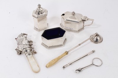 Lot 265 - Silver three piece cruet set, Mr Punch rattle, candle snuffer, swizzle stick and napkin clip