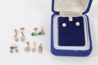 Lot 312 - Three diamond set pendants, pair diamond studs earrings, two pairs of pearl earrings and pair gem set earrings