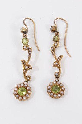 Lot 315 - Pair of Edwardian gold peridot and seed pearl pendant drop earrings