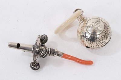 Lot 317 - Antique silver rattle with coral teether and four bells, and silver bell rattle with mother of pearl teether