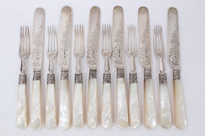 Lot 302 - Edwardian set of six silver and mother of pearl handled desert knives and forks