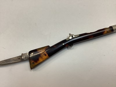Lot 2710 - Rare and unusual Victorian novelty combination propelling pencil and pen knife in the form of a rifle with tortoiseshell mounts, by Joseph Rodgers & Sons.