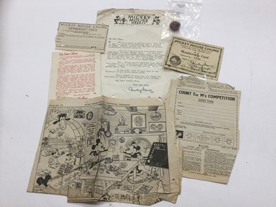 Lot 1503 - Mickey Mouse paraphernalia circa 1930s onwards to include an enamel Mickey Mouse Chums badge