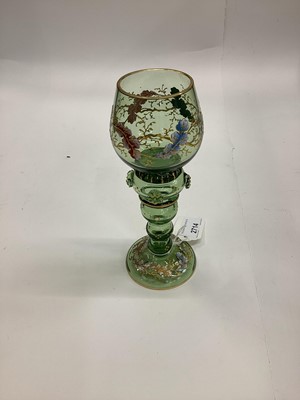 Lot 2714 - Late 19th century German green glass roemer with fine quality enamelled and gilded decoration and applied glass prunts