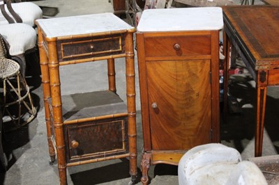 Lot 43 - Victorian bamboo framed pot cupboard with marble top, drawer, recess and cupboard below and another pot cupboard with marble top (2)