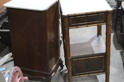 Lot 43 - Victorian bamboo framed pot cupboard with marble top, drawer, recess and cupboard below and another pot cupboard with marble top (2)