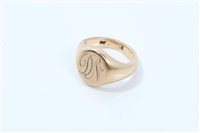 Lot 675 - Gold signet ring, the oval bezel with initials...