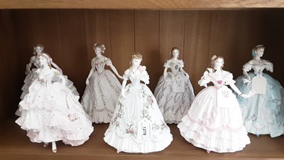 Lot 1278 - Seven Royal Worcester limited edition Romance of the Victorian Era figures - Queen of Hearts, Sweetest Valentine, The Last Waltz, Belle of the Ball, Royal Debut and The Masquerade Begins, all...