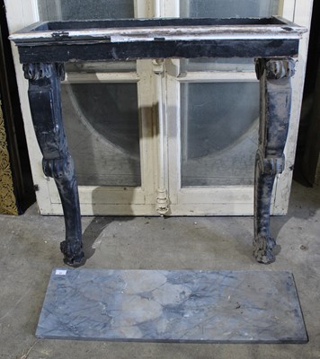 Lot 61 - 19th century marble topped pier table, the rectangular grey marble top on blue painted base with twin carved cabriole legs, requiring renovation, 87cm wide