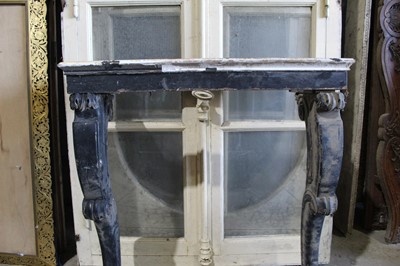 Lot 61 - 19th century marble topped pier table, the rectangular grey marble top on blue painted base with twin carved cabriole legs, requiring renovation, 87cm wide