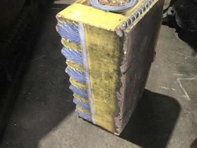 Lot 51 - Pair decorative Victorian stoneware garden planters with moulded leaf decoration and yellow and blue glaze, impressed marks to interiors , each 44 wide x 26 deep x 24 cm ( at tallest point)