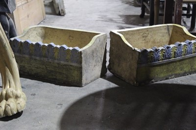 Lot 51 - Pair decorative Victorian stoneware garden planters with moulded leaf decoration and yellow and blue glaze, impressed marks to interiors , each 44 wide x 26 deep x 24 cm ( at tallest point)
