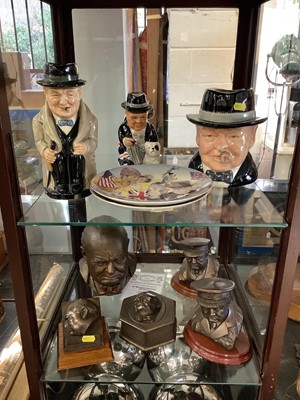 Lot 2644 - Group of Winston Churchill memorabilia, including a Royal Doulton Toby jug, Bairstow Manor character jug, Heritage Sculptures, etc