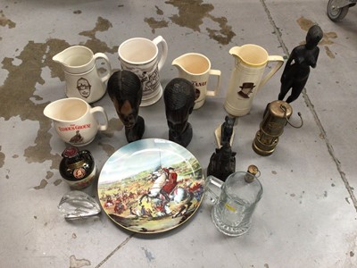 Lot 648 - Sundry items, including whisky jugs, miners lamps, wooden sculptures, etc