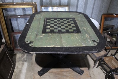 Lot 94 - Antique painted centre table, with chess board painted rounded top on turned column and X-frame base, 108c. Wide x 104cm deep x 74cm high