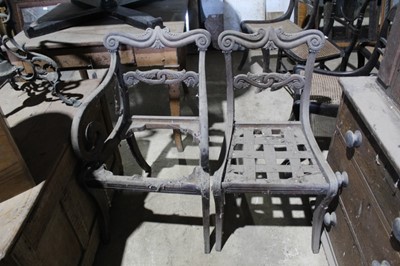 Lot 90 - Set of six William IV mahogany sabre leg dining chairs (for renovation) to include one scroll arm carver