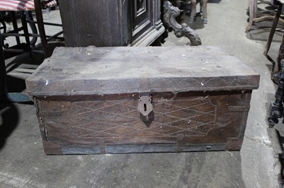 Lot 98 - 18th / early 19th century hide bound travelling trunk, 77cm long