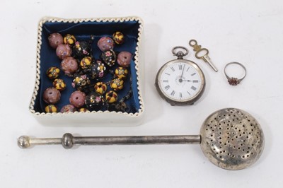 Lot 219 - Victorian silver cased fob watch with winding key, silver gem set ring, plated tea infuser and group of Victorian and later glass beads