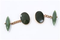 Lot 687 - Pair Nephrite jade / green hardstone cufflinks...