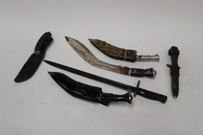 Lot 918 - First World War American 1913 pattern Remington pattern bayonet (no scabbard) together with three Grukha Kukri's and two fighting knives (6)