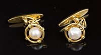 Lot 689 - Pair French gold and cultured pearl cufflinks,...