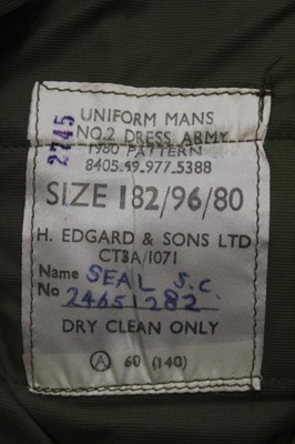 Lot 782 - 1960's British Military Royal Army Service Corps Captain's service dress jacket and trousers, with rank insignia and badges, together with two 1980 pattern British Military No.2 pattern dress jacke...