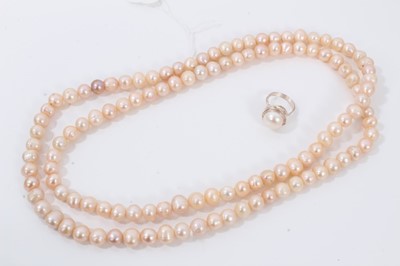 Lot 232 - Fresh water pearl single strand long necklace and silver wirework ring set with a single cultured pearl