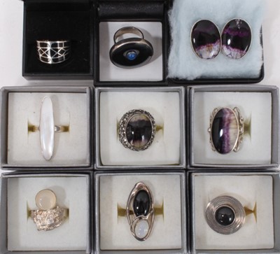 Lot 236 - Group silver rings set with semi precious gemstones including two blue john rings and similar pair clip on earrings, mother of pearl, moonstone and others (8 rings)