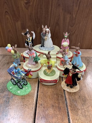 Lot 1294 - Royal Doulton Bunnykins Occasions Collection comprising- Christening Day Boy, Graduation Time, Wedding Day, Easter Treat, Easter Parade, Graduation Day, Love Heart, Christmas Morning, Birthday Girl...