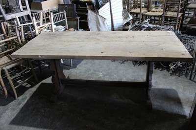 Lot 153 - Old chestnut farmhouse table with retangular plank top on shaped end standards joined by stretcher 167 x 79 cm, 70 cm high
