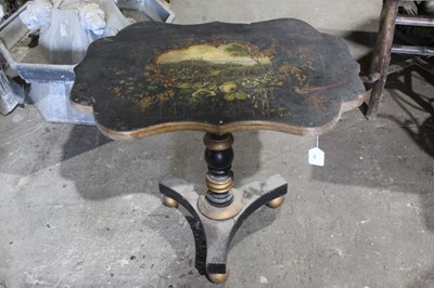 Lot 159 - Victorian papier-mâche occasional table with painted shaped top decorated with landscape ,bird and flowers on gilt and ebonised trefoil pedestal base on ball feet 63 cm wide, 56 cm high