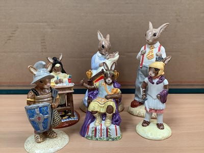 Lot 1297 - Two large Royal Doulton limited edition Bunnykins figures - Father and Mother & Baby, together with three Roman Collection figures - Centurion, Emperor and Gladiator, plus Sister Mary Barbara, all...