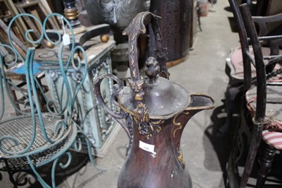 Lot 129 - Cast iron urn stand, together with a highly unusual toleware urn of large size, possibly an advertising piece, signed to underside Henry Loveridge, Merridale Works, Wolverhampton, ewer 63cm high