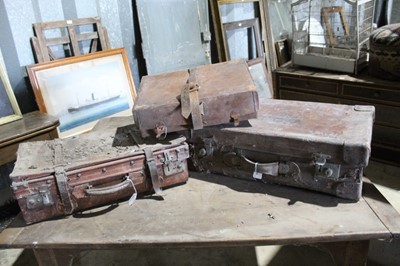 Lot 170 - Two vintage leather suitcases and leather travelling box cover (3)